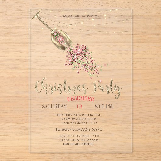 Champagne Glass, Liight Gold Kerstmis Company Acryl Uitnodigingen (Voorkant)