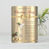 Champagne Glass Pearls Bow Gold Christmas Party  Kaart (Staand voorkant)