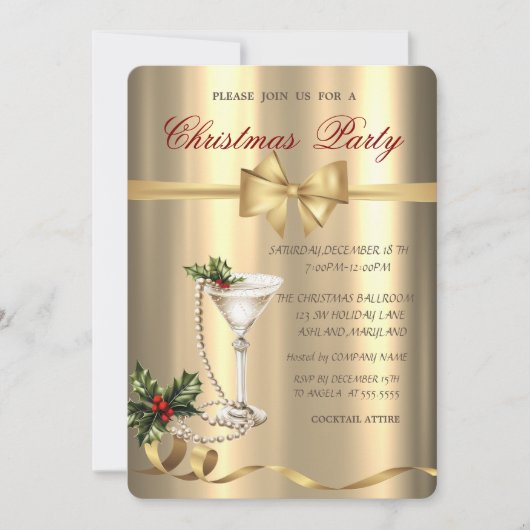 Champagne Glass Pearls Bow Gold Christmas Party  Kaart (Voorkant)
