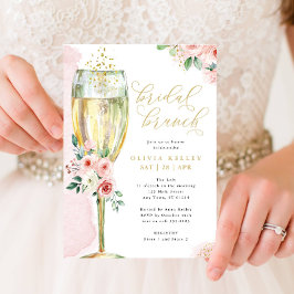 Champagne Glass Pink en Gold Floral Bridal Brunch Kaart