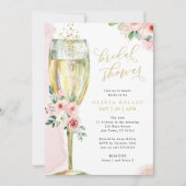 Champagne Glass Pink en Gold Floral Vrijgezellenfe Kaart (Voorkant)