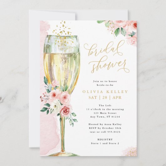 Champagne Glass Pink en Gold Floral Vrijgezellenfe Kaart (Voorkant)
