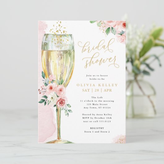 Champagne Glass Pink en Gold Floral Vrijgezellenfe Kaart (Staand voorkant)