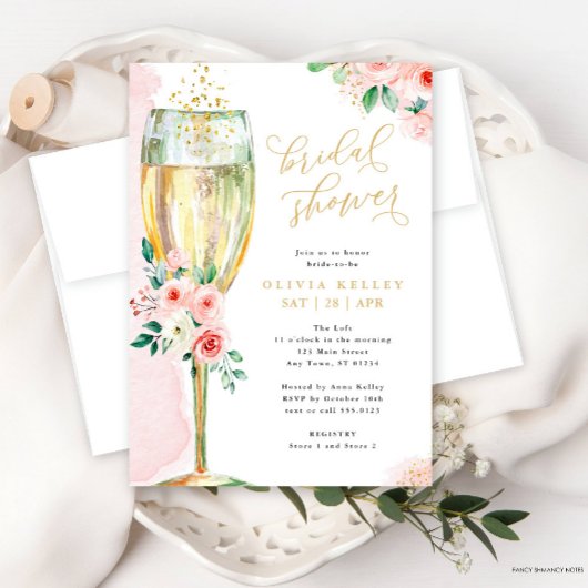 Champagne Glass Pink en Gold Floral Vrijgezellenfe Kaart