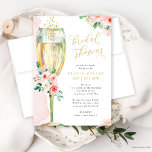 Champagne Glass Pink en Gold Floral Vrijgezellenfe Kaart<br><div class="desc">Dit  ontwerp is voorzien van een florale bouquet in roze tinten en een waterverf champagneglas. Vul uw gegevens in op de sjabloon. Gebruik de functie "Aanpassen" om de lettertypen of lay-out te wijzigen.</div>