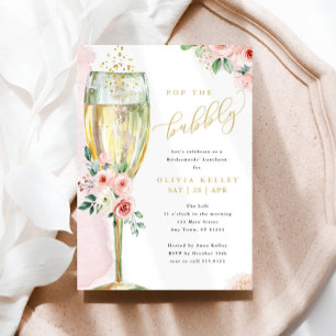 Champagne Glass Pink + Gold Floral Bridal Kaart