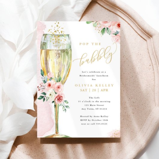 Champagne Glass Pink + Gold Floral Bridal Kaart