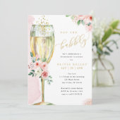 Champagne Glass Pink + Gold Floral Bridal Kaart (Staand voorkant)