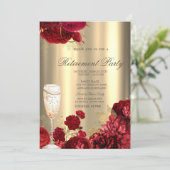 Champagne Glass Red Roses Gold Retirement Party Kaart (Staand voorkant)