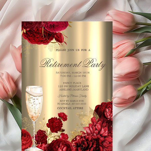 Champagne Glass Red Roses Gold Retirement Party Kaart