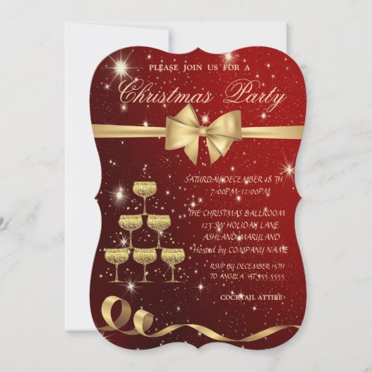 Champagne Glass Tree,Bow,Red,kerstfeest Kaart (Voorkant)
