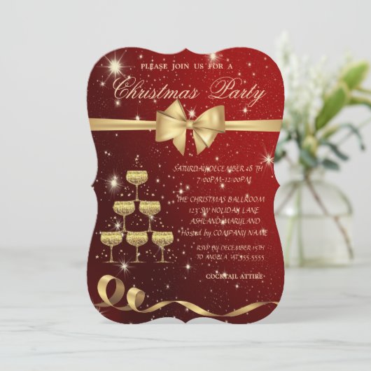 Champagne Glass Tree,Bow,Red,kerstfeest Kaart (Staand voorkant)