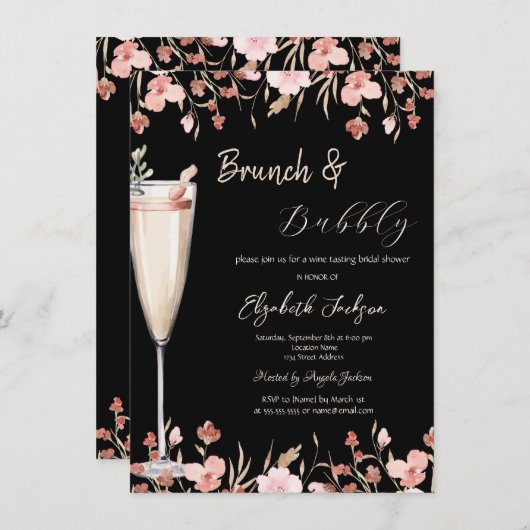Champagne Glass Wildflowers Uitnodiging (Voorkant / Achterkant)