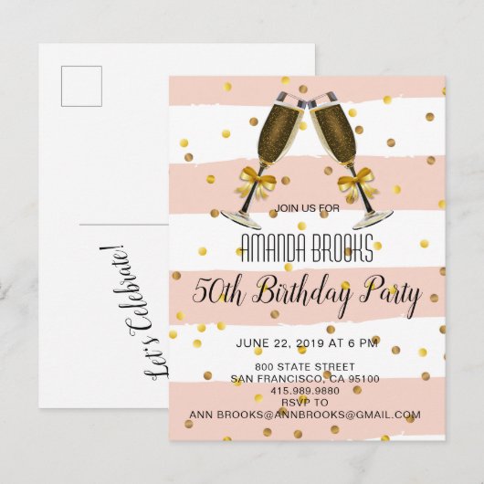Champagne Glasse Gold Confetti 50th Birthday Party Aankondigingskaart (Voorkant / Achterkant)