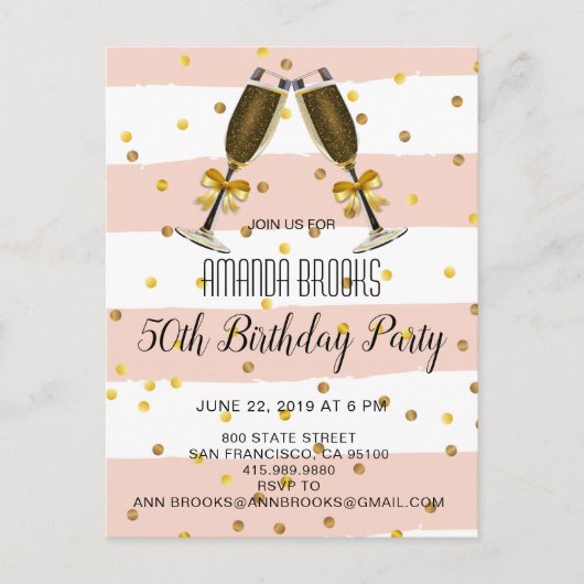 Champagne Glasse Gold Confetti 50th Birthday Party Aankondigingskaart (Voorkant)