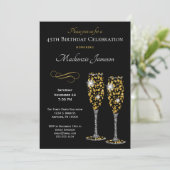 Champagne Glasses Black Gold Birthday Invitation Kaart (Staand voorkant)