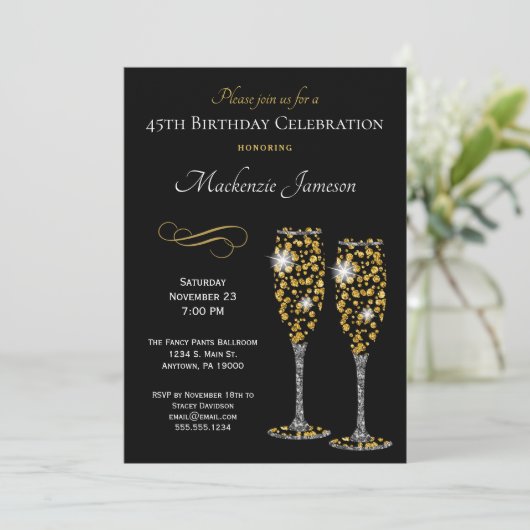 Champagne Glasses Black Gold Birthday Invitation Kaart (Staand voorkant)