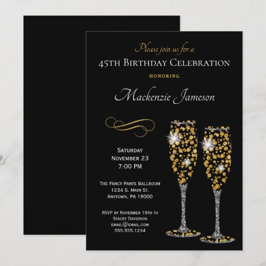Champagne Glasses Black Gold Birthday Invitation Kaart (Voorkant / Achterkant)
