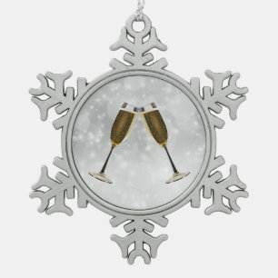 Champagne Glasses Celebration Gold on Silver Tin Sneeuwvlok Ornament