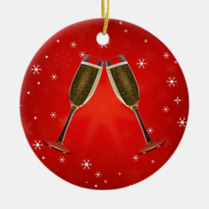 Champagne Glasses Celebration Gold op Red Keramisch Ornament