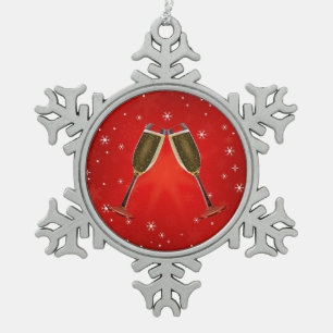 Champagne Glasses Celebration Gold op Red Tin Sneeuwvlok Ornament