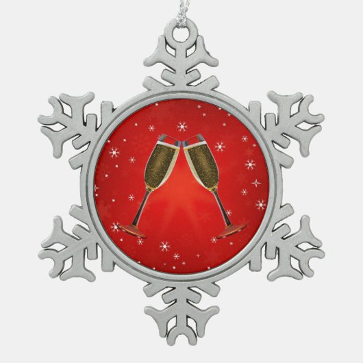 Champagne Glasses Celebration Gold op Red Tin Sneeuwvlok Ornament (Voorkant)