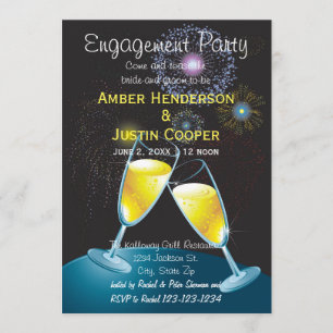 Champagne Glasses & Fireworks - Engagement Party Kaart