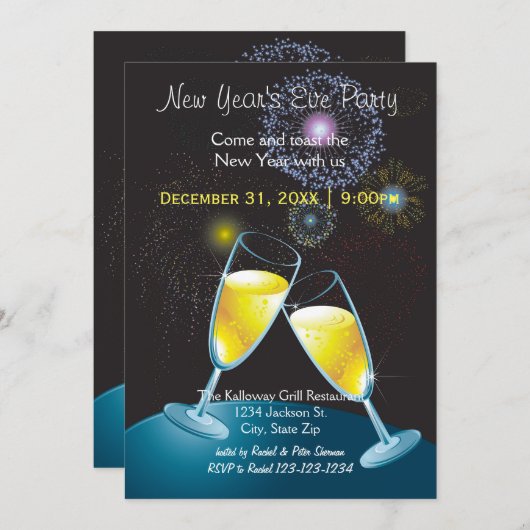 Champagne Glasses & Fireworks-New Year's Eve Party Kaart (Voorkant / Achterkant)