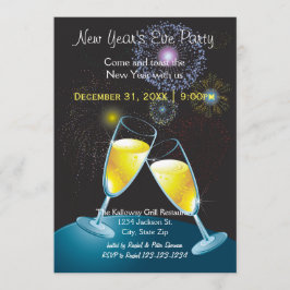 Champagne Glasses & Fireworks-New Year's Eve Party Kaart