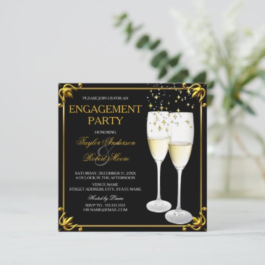 Champagne Glasses Gold Engagement Party Kaart (Staand voorkant)