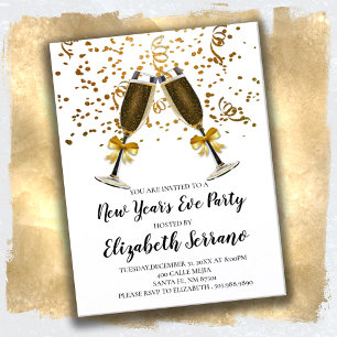 Champagne Glasses Gold White Nieuwjaarsfeest Uitnodiging Briefkaart