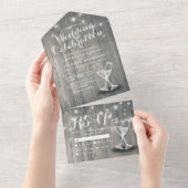 Champagne Glasses Rustic Wood String Light Wedding All In One Uitnodiging (Afscheurbaar)