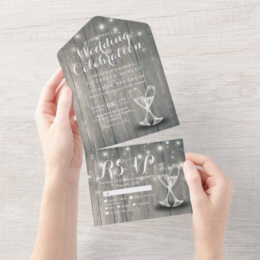Champagne Glasses Rustic Wood String Light Wedding All In One Uitnodiging (Afscheurbaar)