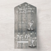 Champagne Glasses Rustic Wood String Light Wedding All In One Uitnodiging (Binnen)