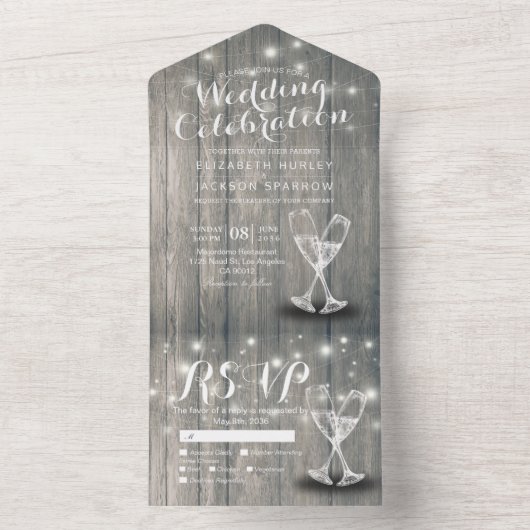 Champagne Glasses Rustic Wood String Light Wedding All In One Uitnodiging (Binnen)