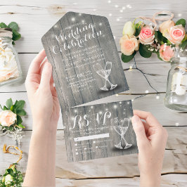 Champagne Glasses Rustic Wood String Light Wedding All In One Uitnodiging