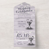 Champagne Glasses Rustic Wood String Light Wedding All In One Uitnodiging (Binnen)