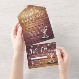 Champagne Glasses Rustic Wood String Light Wedding All In One Uitnodiging