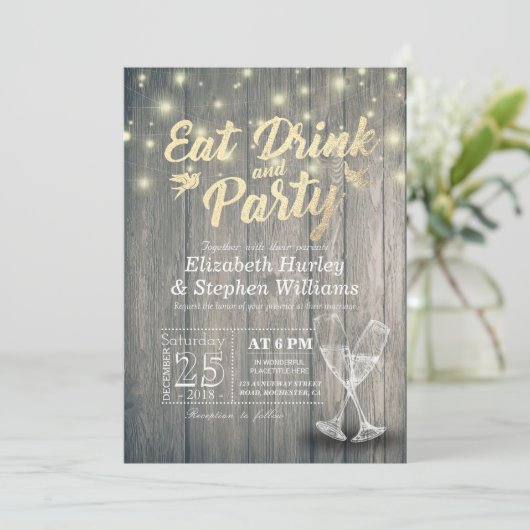 Champagne Glasses Wood EAT Drink and Party Wedding Kaart (Staand voorkant)