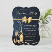 Champagne glazen fles, gouden strik kerstfeest kaart (Staand voorkant)
