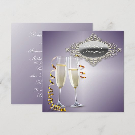 Champagne-glazen Paarse bruiloft uitnodiging (Voorkant / Achterkant)