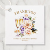 Champagne Glazen Perzik Paarse Bloemen Dank u Bedankjes Labels (Voorkant)