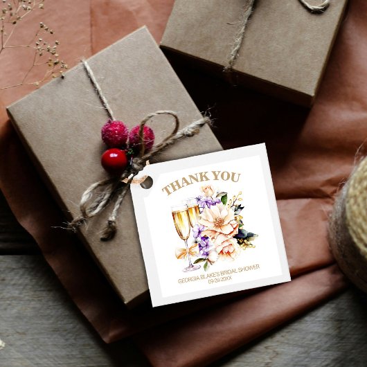 Champagne Glazen Perzik Paarse Bloemen Dank u Bedankjes Labels