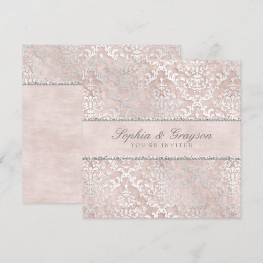Champagne Glimmer Damask Bruiloftsuitnodiging Kaart (Voorkant / Achterkant)