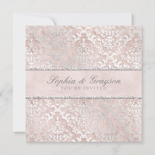 Champagne Glimmer Damask Bruiloftsuitnodiging Kaart (Voorkant)