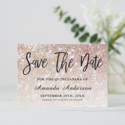 Champagne Glitter Brush Script Quinceanera Save The Date (Staand voorkant)