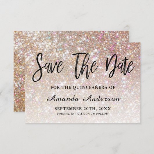 Champagne Glitter Brush Script Quinceanera Save The Date (Voorkant / Achterkant)