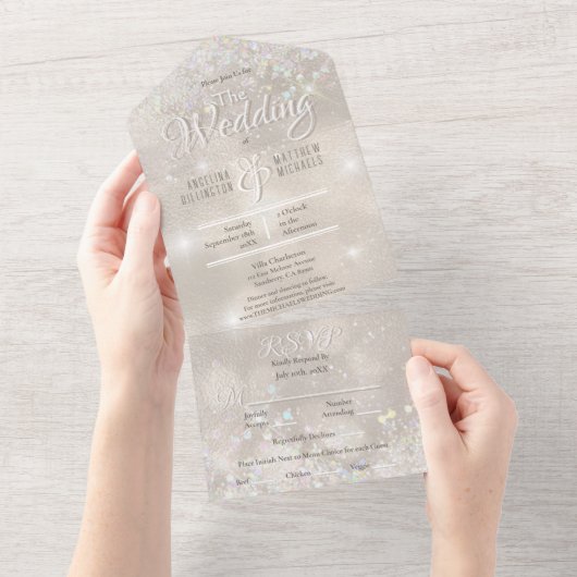 Champagne Glitter Confetti Elegant Wedding All In One Uitnodiging (Afscheurbaar)