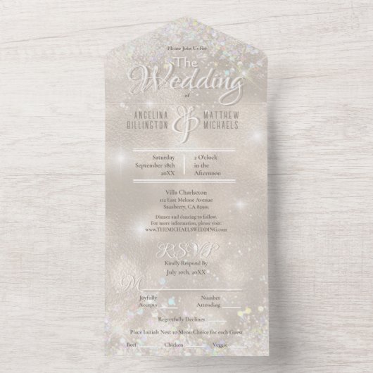 Champagne Glitter Confetti Elegant Wedding All In One Uitnodiging (Binnen)