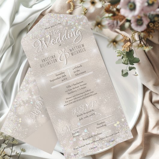 Champagne Glitter Confetti Elegant Wedding All In One Uitnodiging